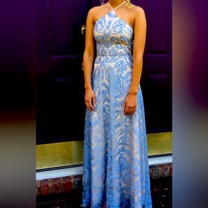 GUC full length prom dress pale blue lace over creamy white and unique Sz 5